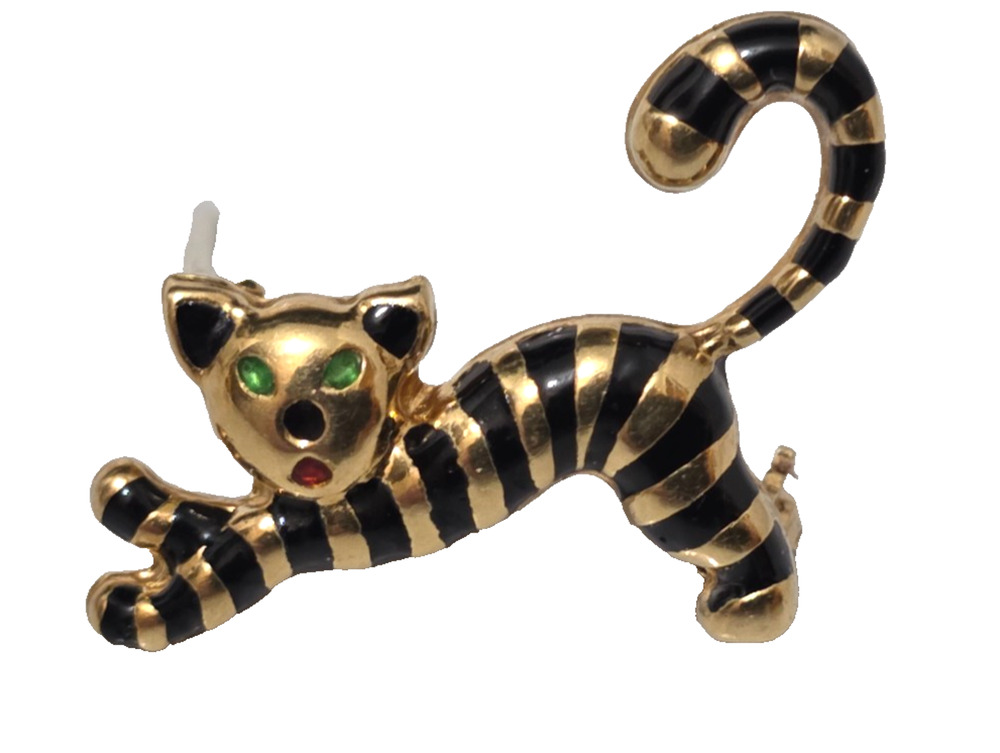 Vintage UNO-A-ERRE 18k 750 Gold 1 1/8" Striped Cat with Green Eyes Unoaerre 3 gr